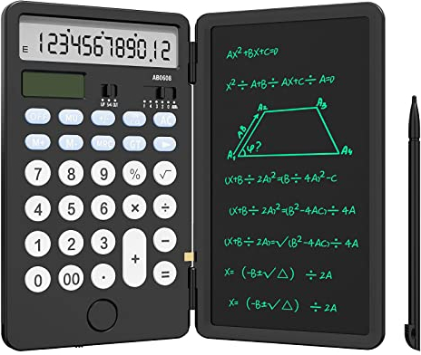 NEWYES Calculadora básica Mejorada con Bloc de Escritura de 6.5 Pulgadas, Tableta de Escritura LCD borrable con Bolsillo de 12 dígitos, calculadora estándar 2 en 1, función Recargable portátil