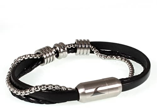WAVEPIRATE® Leder-Armband LEX FR Schwarz 21 cm Edelstahl-Verschluss in Geschenk-Box Surfer Männer Herren