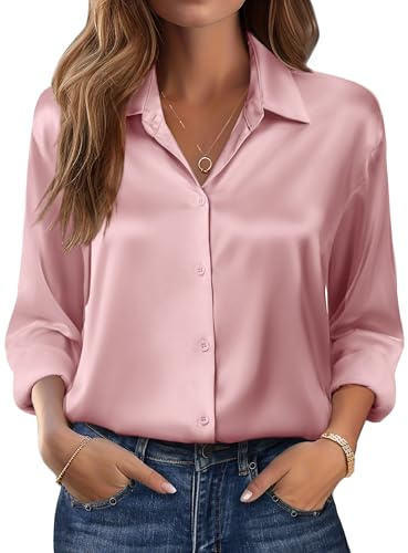 Zeagoo Satin Blouses for Women UK Long Sleeve Shirts Button Down Blouse | Women's Satin Shirt, Casual Loose Blouse, Office Work Tops, Elegant Tops for Ladies