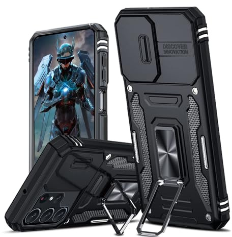 Funda para Samsung Galaxy S24 Ultra 5G, Cubierta de cámara Deslizante Proteger Militar Antigolpes Protectora Carcasa con 360° Magnético Anillo Soporte Silicona TPU + PC Rugged Case Cover, Negro