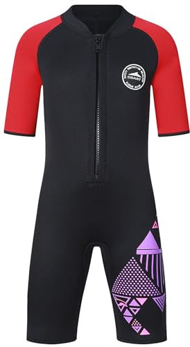 SXSHUN Neoprenanzug Kinder Jungen Mädchen 2mm Neopren Shorty Neoprenanzüge Einteiliger Tauchanzug UV-Schutz Badeanzug Kurzarm Wetsuit, Rot, M/3-4 Jahre/98-104CM, SXD34SHUN33R0M