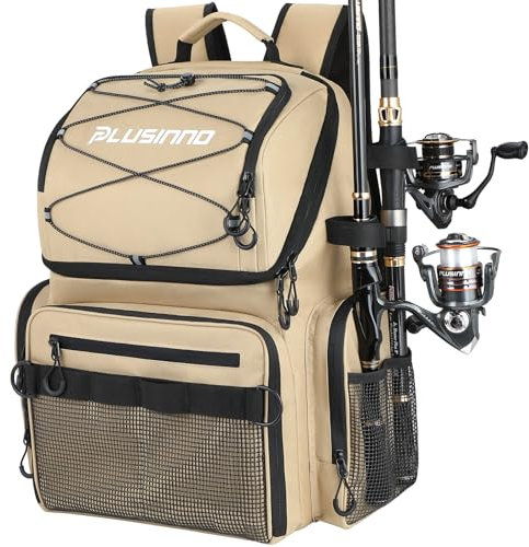 PLUSINNO Angelrucksack mit Rutenhaltern und Kühler, 45 l, groß, wasserabweisend, Angelausrüstungsrucksack, Khaki, Angelrucksack mit Kühler