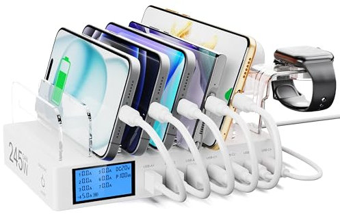 Sanicata Organizador de estación de Carga USB de 245W con una Pantalla LCD y 7 Puertos, Estación Carga Cargador Tipo C para MacBook Air, iPhone, iPad, Samsung ...Blanco（Cable de Carga no Incluido）