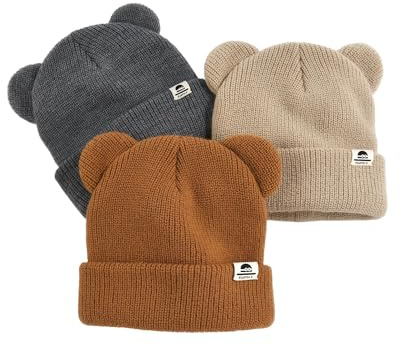 FURTALK Baby Beanie Winter Hat with Bear Ear for Infant Toddler Boys Girls Soft Knitted Skull Cap Dark Grey+Khaki+Caramel 6-36 Months