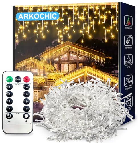 ARKOCHIC 10M Luci Natale Esterno Cascata, 400 LED Tenda Luminosa Bianco Caldo, Luci Natalizie da Esterno con Telecomando, 8 Modalità, Luci Decorazione Natale per Feste, Finestra, Balcone