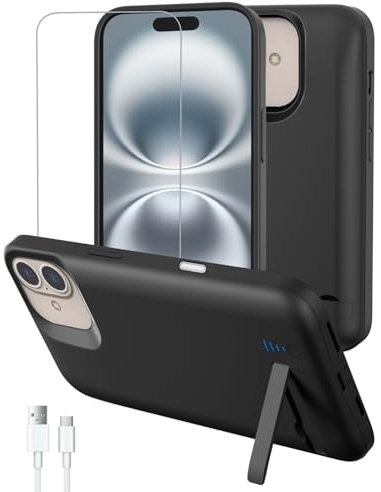 Gladgogo Akku Hülle für iPhone 16, 8500mAh Akkuhülle mit Ständer,Wiederaufladbar Batterie Ladehülle Akku mit Schutzfolie,Tragbares Batterieladegerät Hülle Leistungsstarke Power Bank – Schwarz
