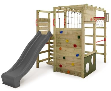 FATMOOSE Lektorn Klätterställning ActionArena Air med antracithalka, utomhus barn klättertorn med stege, basketkorg och lektillbehör för trädgården