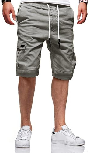 JACKETOWN Pantalones Cortos Cargo Hombre, Pantalones Cortos Verano Algodón Elástico, Pantalones Casuales Hombre, Pantalones Cortos Con Cintura Elástica Gris Claro L