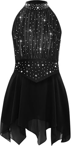 Linyuir Robe De Ballet À Paillettes pour Mädchen avec Bretelles Robe De Danse avec Mesh Fente Jupe Irrégulière Costume De Ballet pour Enfant Body Froncé Tutu Tenue Noir 9-10 Ans