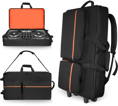 ORKELS Rolling DJ Controller Case for DDJ-400/800/1000/FLX4/FLX2/REV7/REV5/GRV6, 29” Waterproof Travel Bag for DJ Equipment, 900D Oxford Wheeled DJ Backpack with Laptop Compartment