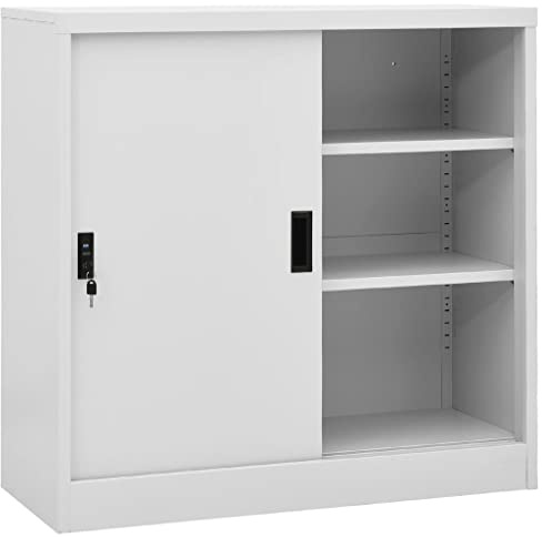 KKHOMEI Armadio in Metallo Armadio per Ufficio Anta Scorrevole Armadio Ante Scorrevoli Mobili Ufficio Armadietti con Chiave Armadietto Multiuso in Acciaio Grigio Chiaro 90x40x90 cm