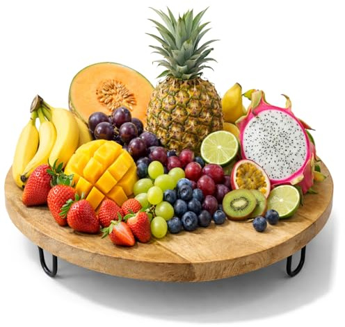 com-four® Bandeja de Madera Ø 38,5 cm de Madera de Mango, Plato de Presentación con Patas Metálicas, Fuente Apta para Alimentos, Frutero Decorativo