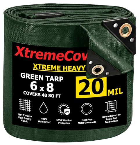 6' x 8' Green Tarp - 20mil | Heavy Duty & Waterproof | UV Protection + Brass Grommets Reinforced Corners Outdoor Storage 6x8 ft Rain Camping Tent Greenhouse roof Leak Ground Cover Leakproof Shed car