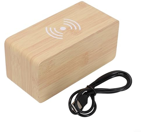 Wooden Digital Alarm Clock with Wireless Charger, LED Display for Time Temperature Date, 5W Charging Pad, USB or for battery Powered, Auto Dimming, Modern Decor for Bedroom Office(A)