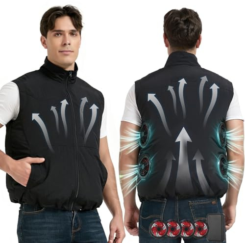 Foiueyga Gilet refrigerante da 12 V, con 4 ventole e batteria, giacca termica elettrica per uomo e donna, per campeggio, escursionismo, ciclismo, lavoro, Nero , XXL