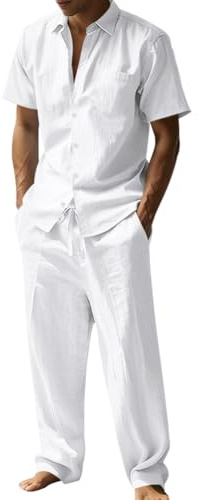 Oanviso Hombre 2 Piezas de Algodón y Lino Camisa Manga Corta Moda Camiseta + Pantalones de Playa Deportivos Pantalón Completo Casual Traje Conjuntos Primavera Verano A Blanco L