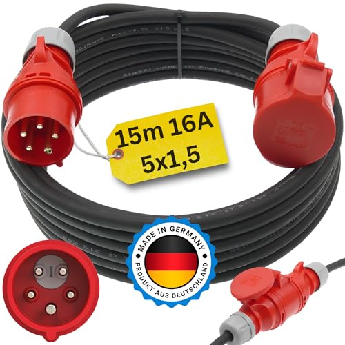 netbote24 Starkstromkabel 16A 15m mit Phasenwender H07RN-F 5x1,5 Starkstrom Verlängerungskabel CEE Verlängerung 16 Ampere Kabel 5x1,5mm2 Baustelle Werkstatt Industrie Geeignet Outdoor IP44