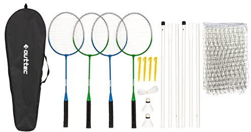 Outtec Badminton Set, 4 Badminton Schläger, Badminton Netz und Federball Set, Komplett 4 Spieler: 4 Badmintonschläger, 2 Federbälle, 2 Pfosten und EIN Netz, Kinder und Erwachsenen Outdoor Spiele