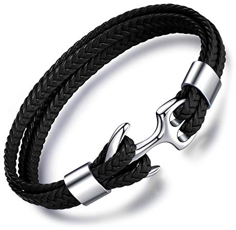 MicLee Herren Anker Armband Fashion Handgefertigt Echtlederarmband mit Edelstahl Graviert mit Geschenk Box für Männer