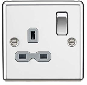 13A 1G DP Switched Socket with Grey Insert - Rounded Edge Polished Chrome
