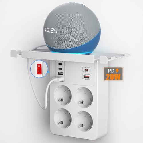 PD20W Ladron Enchufes con Interruptor, Enchufe Multiple con Carga Rápida PD3.0 y QC3.0,Regleta 4 Tomas con 4 Enchufes Schuko y 6 USB Cargador, Regletas Enchufes Pared con Estantería, Blanco