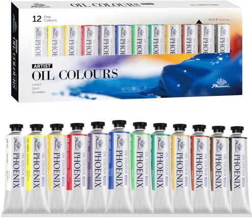 PHOENIX Artist Oil Paint Set - 12 Color x 1.35 Oz. / 40ml Tubes Professional Quality Oil Based Paint for Canvas Painting