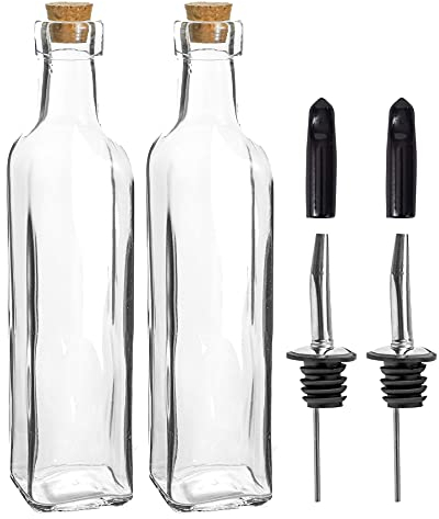 Argon Tableware Olive Oil Bottles with Cork Lids - 250ml - Pack of 2 - Dishwasher Safe Kitchen Glass Olive Oil Dispenser Cruet with Dust Cap, Cork Stopper and Tapor Pourer Top for Soy Sauce, Vinegar