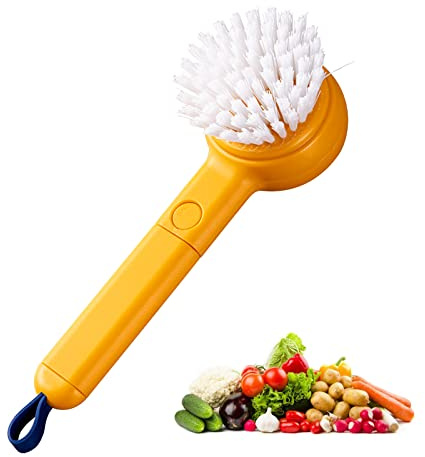 Vegetable Cleaner Brush Yellow Fruit Scrubber Brush Good Grip Long Handle Food Cleaning Brush Multifunctional Kitchen Gadgets with Peeler Veggie Wash Brush 2-in-1