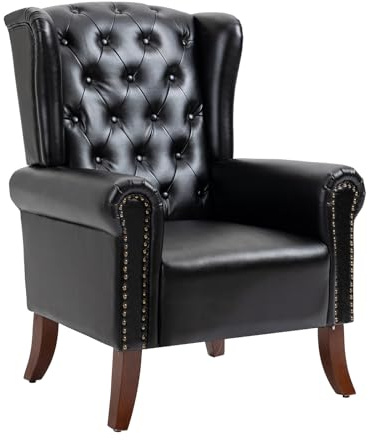 MOJAY PU Leather Accent Chair, Mid-Century Living Room Sofa Chair, Upholstered Arm Chair with Sturdy Wooden Legs, Faux Leather Club Chair for Bedroom Study Home Office Reception (Black)