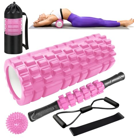 Rullo Massaggio Muscolare, Qveetry 6 in 1 Foam Roller Rullo in Schiuma Pallina Massaggiante Bastone Massaggio bande di resistenza per Stretching Yoga Pilates Rilascio Miofasciale (Rosa)