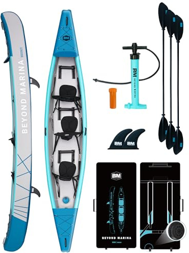 BEYOND MARINA Inflatable Kayak 3 Person Adult- Drop Stitch Triple Kayak | with Aluminum Paddles, Seats, Footrests, Pump, Fins, Mariner 15.1ft