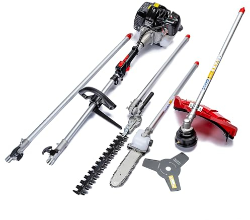 IPOTOOLS 5in1 52ccm 3PS Benzin Rasentrimmer Motorsense Freischneider Trimmer Fadenspule 3-Zahnmesser Rucksackgurt Astsäge Heckenschere TÜV geprüft
