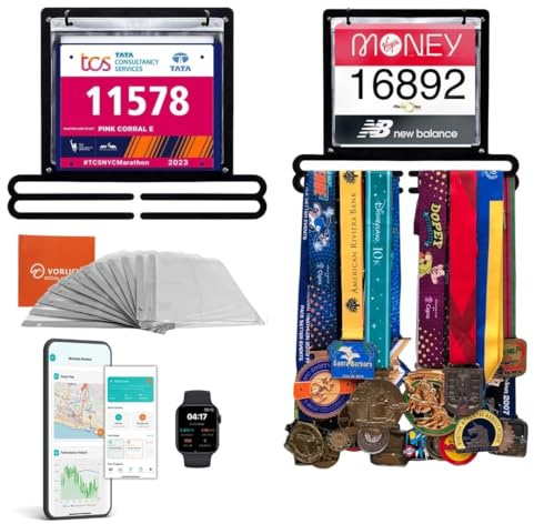 Vorlich® Espositore pettorali e medaglie con App Run e Piano 4 Settimane – Contiene Oltre 50 medaglie e 100 pettorali – Porta medaglie per Runner
