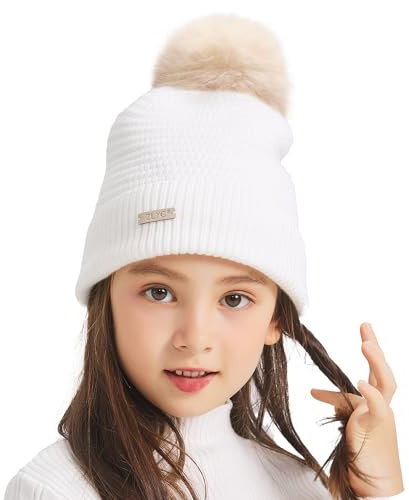 ZLYC Berretto Invernale per Bambini, in Cotone, con Pompon per Ragazze e Ragazzi, Tinta Unita: Bianco., Taglia Unica