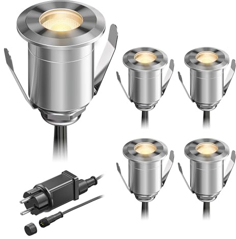 ledscom.de Lámpara LED empotrada en el suelo BINO para exteriores, IP67, 32mm Ø, blanco cálido, juego de 5