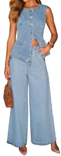 loveimgs Women 2 Piece Denim Set Button Sleeveless Jean Vest Denim Top Y2k Shirt Wide Leg Jeans Palazzo Pants Outfits (Medium, Blue)