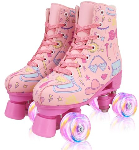 XUDREZ Patins à roulettes triboluminescence Patins à roulettes enfants et adultes - Impression rose - Roues lumineuses réglables - Pour filles, femmes et débutants (rose, 36)