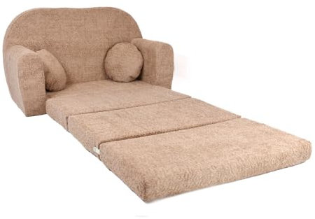 FORTISLINE - Kindersofa David - Klappsofa mit Verlängerung aus Plüsch - Schlafcouch 100 x 60 x 50 cm - Ausklappbares Sofa mit 2 Kissen - Oeko-TEX Zertifiziert - in 6 Farben - Puderbraun