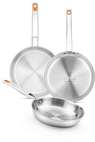 BRA Efficient Inox | Set de sartenes 20-24-26 cm tricapa (interior acero inox 18/10 + interior aluminio + exterior acero inox 18/0 magnético), aptas para inducción, sin antiadherente, mango remachado