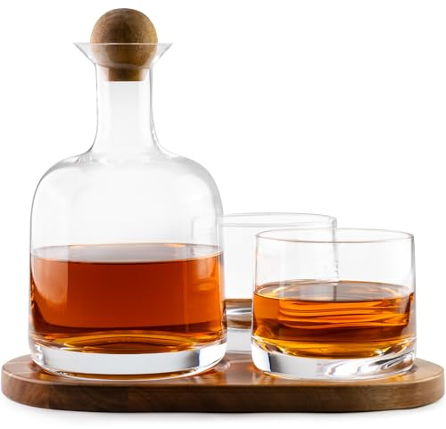 Cork & Mill Whiskey Decanter Set, Hand-Blown Lead-Free Crystal 800ml Liquor Decanter for Bourbon and More, Two 8oz Old Fashioned Glasses, Acacia Wood Stopper & Display Tray, Ideal Whisky Gift Set