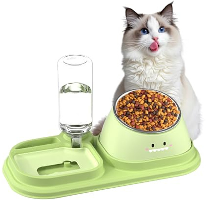 AMSGANK 2 in 1 Set di Ciotole per Gatti, Porta Ciotole per Gatti Rialzate 15° Inclinate Ciotola con Erogatore d'Acqua e Alimentazione Lenta Anti-Ingozzamento per Animali Domestici (Verde)