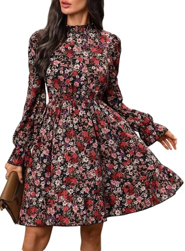 SweatyRocks Abito da donna, elegante, a maniche lunghe, con motivo floreale, per il tempo libero, con colletto alto, per l'autunno, con maniche a campana, Colore: rosso, M
