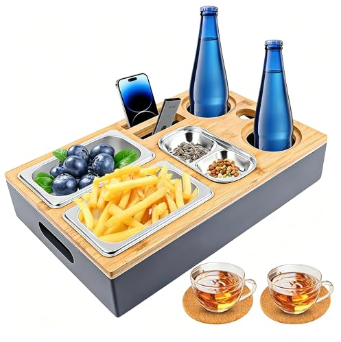 BUCOMTU Bandeja Portavasos para Sofá, Bandeja de sofá para Aperitivos, Sofá Bandeja con Cuencos de Aperitivos de Acero Inoxidable, Bandeja para sofá para Estar, Dormitorio, Picnic, Fiesta