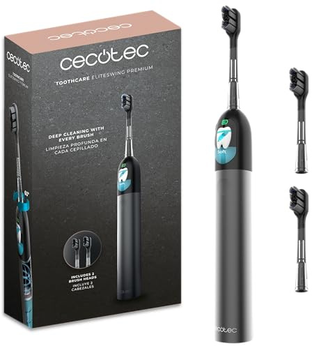 Cecotec Cepillo de Dientes Eléctrico Sónico con Oscilación 60º y Pantalla ToothCare EliteSwing Premium. 3 Modos, Autonomía 30 Días, Sensor de Presión, Base Carga y 2 Cabezales de Repuesto, IPX7