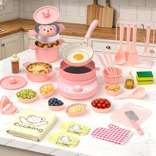 Gotoofun Kids Cooking Set Real for Mini Kitchen, Safe Kids Knife Set & Stove Burner, Montessori Cooking Toys for Boys Girls Ages 8-12, Beginner Friendly Food Making Kit (Pink)