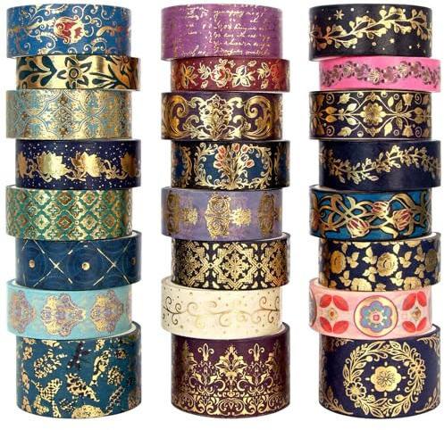 Gold Foil Washi Tape Set — 24 Rolls Vintage Dark Academia Aesthetic Decorative Tape, Baroque Gothic Jewel Tone for Bullet Journal, Junk Journal Supplies, Scrapbook, Planner — Gift Box (3 Sizes)