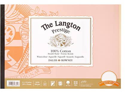 Daler Rowney The Langton Prestige - Blocco di carta pressata a caldo per acquerelli e guazzo, 300 g/m², 35,6 x 25,4 cm, 1 lato incollato, 12 fogli bianchi naturali, per artisti e studenti