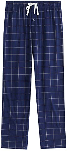 Vulcanodon Mens Cotton Pyjama Bottoms, Lightweight Sleep Pants with Pockets Soft Lounge Pajama Pants for Men Plaid Pj Bottoms (Navy-Plaid, L)
