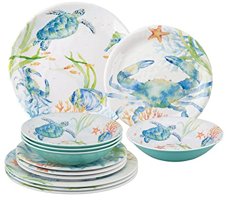 UP ware - Juego de vajilla de melamina de 12 piezas, incluye platos llanos, platos de ensalada, cuencos, servicio para 4 (Sea Life Serenate)