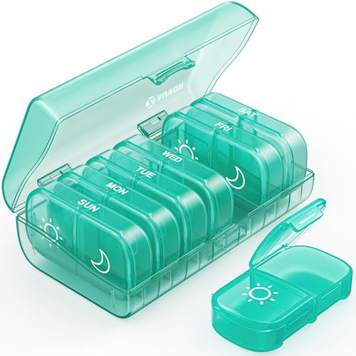 AUVON XL Weekly Pill Organizer 2 Times a Day, Pill Box 7 Day with One-Side Large Openings for Easy to Use, Cyan AM PM Pill Case for Medication, Vitamins, Fish Oils, Supplements